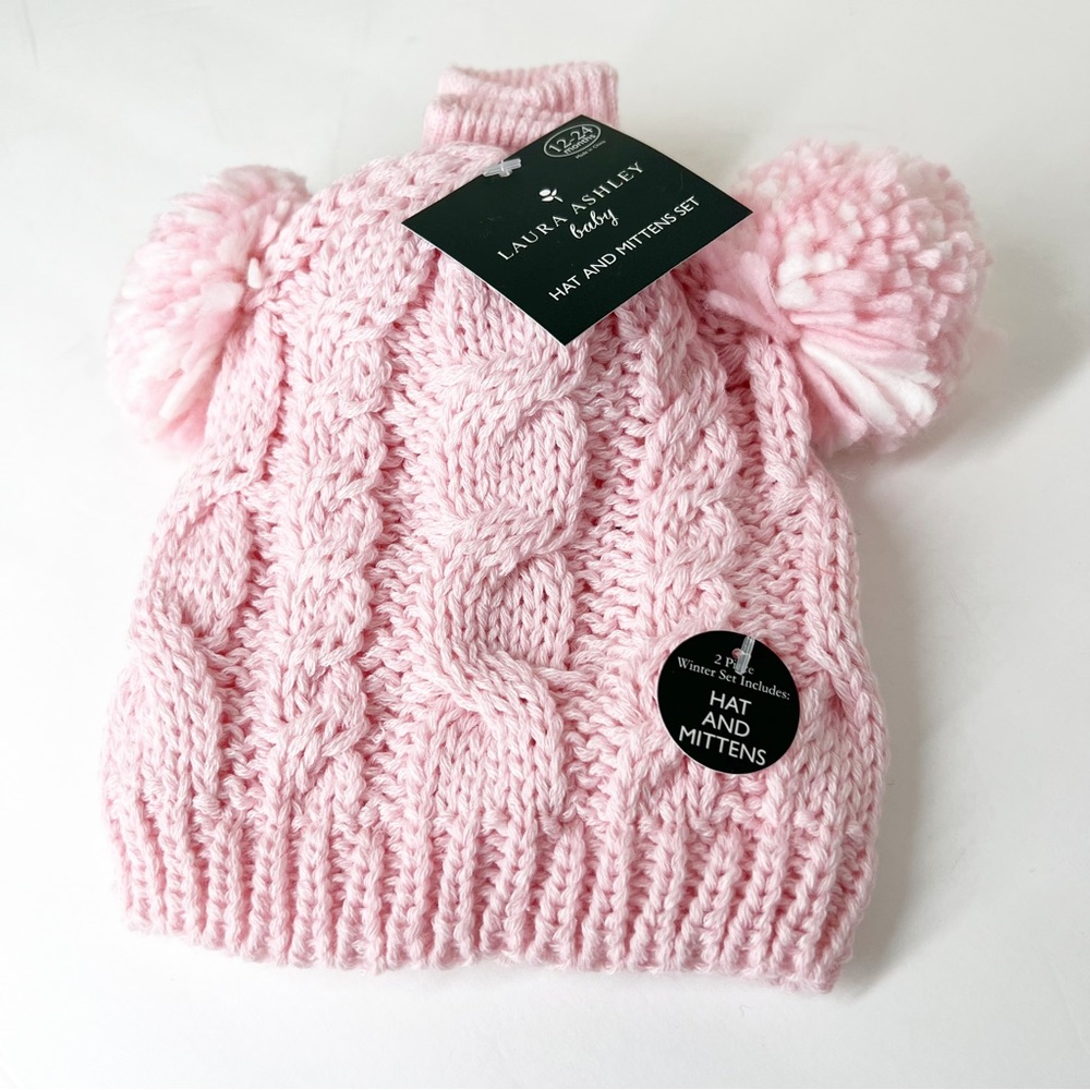 LAURA ASHLEY NWT baby PINK cable knit POM POM hat‎ & mittens SET 12-24 Months
